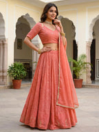 Tulsi Art Impressive Peach Embroidered Georgette Festival Wear Lehenga Choli | Grocsy