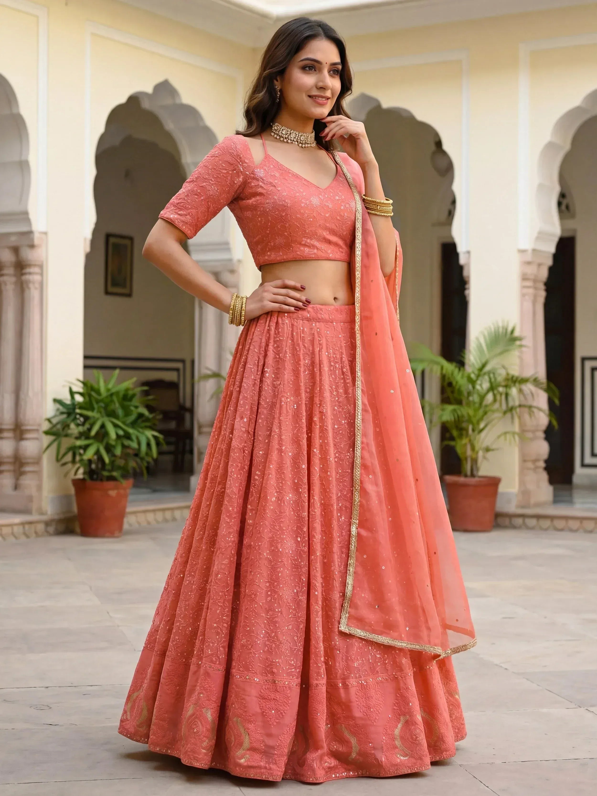 Tulsi Art Impressive Peach Embroidered Georgette Festival Wear Lehenga Choli | Grocsy