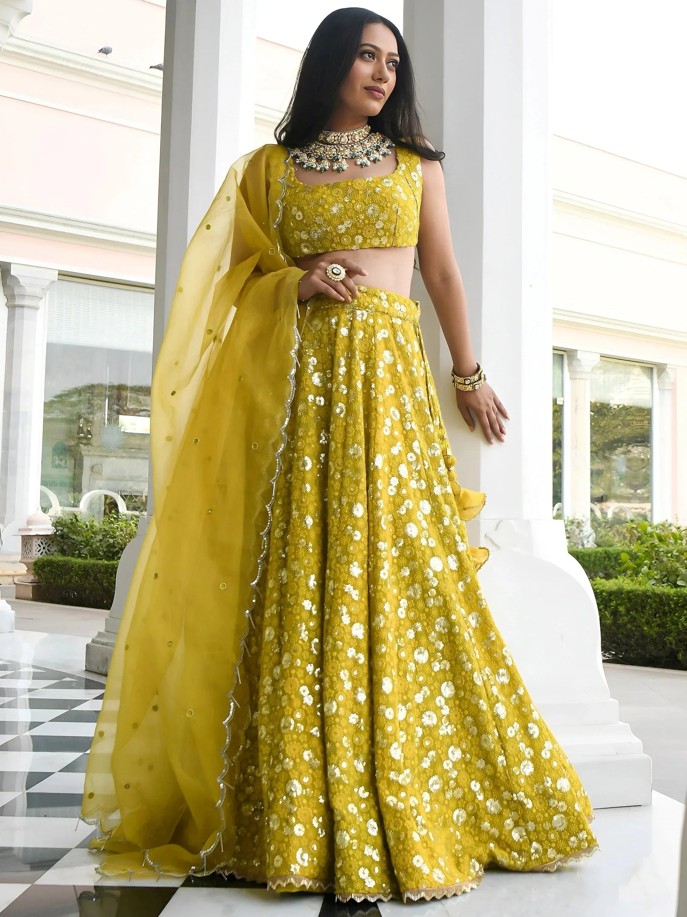 Tulsi Art Stunning Yellow Thread Embroidered Georgette Wedding Lehenga Choli | Grocsy