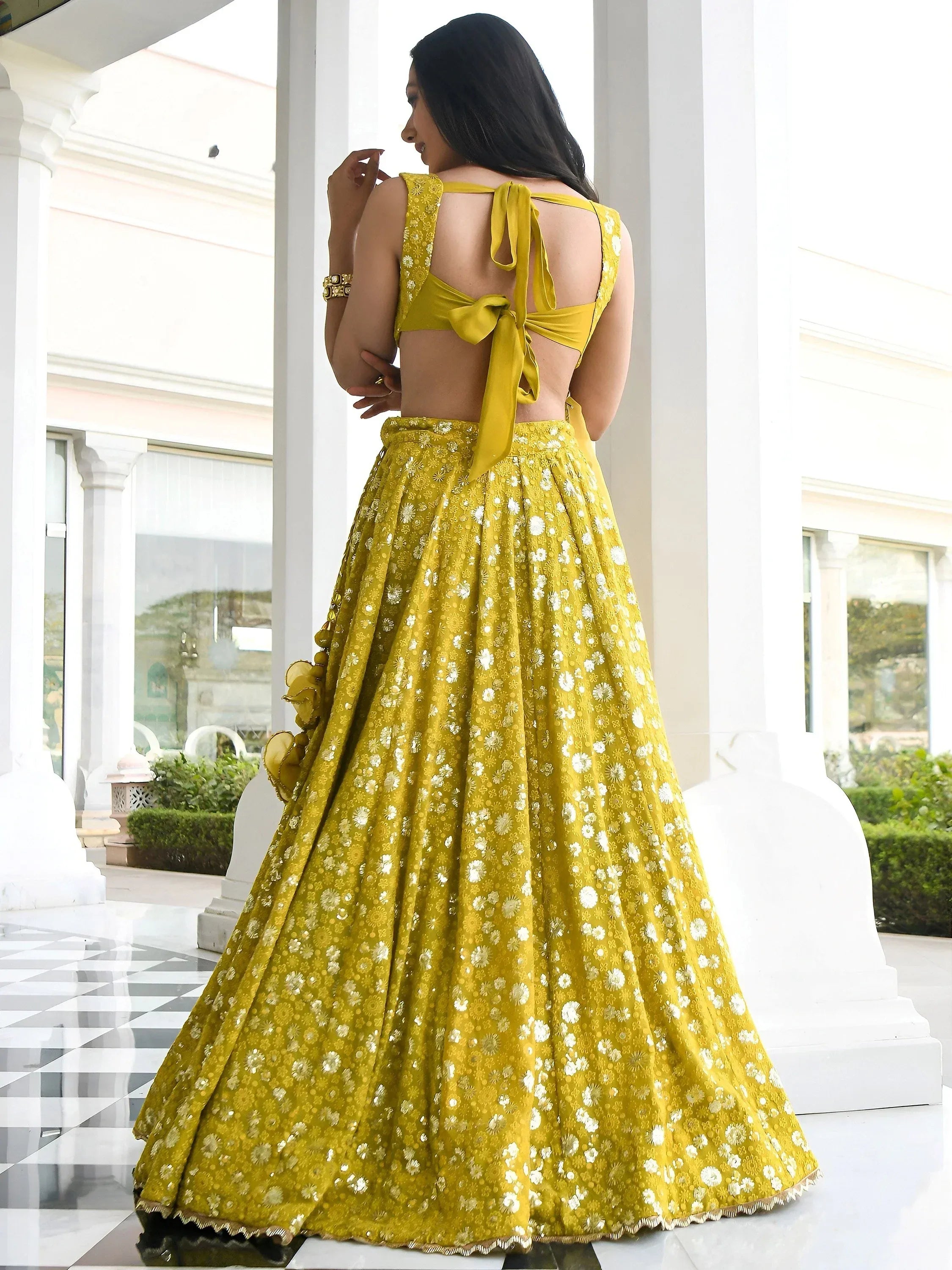 Tulsi Art Stunning Yellow Thread Embroidered Georgette Wedding Lehenga Choli | Grocsy