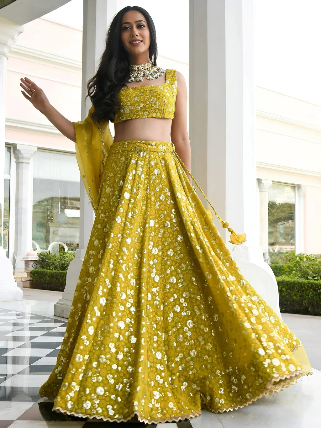 Tulsi Art Stunning Yellow Thread Embroidered Georgette Wedding Lehenga Choli | Grocsy