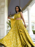 Tulsi Art Stunning Yellow Thread Embroidered Georgette Wedding Lehenga Choli | Grocsy