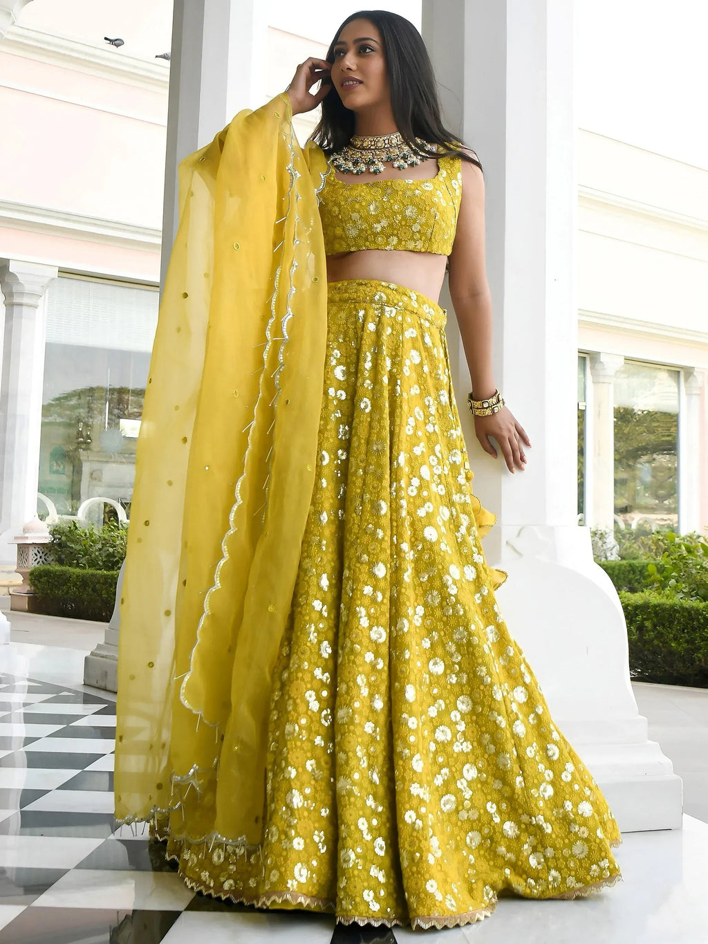 Tulsi Art Stunning Yellow Thread Embroidered Georgette Wedding Lehenga Choli | Grocsy