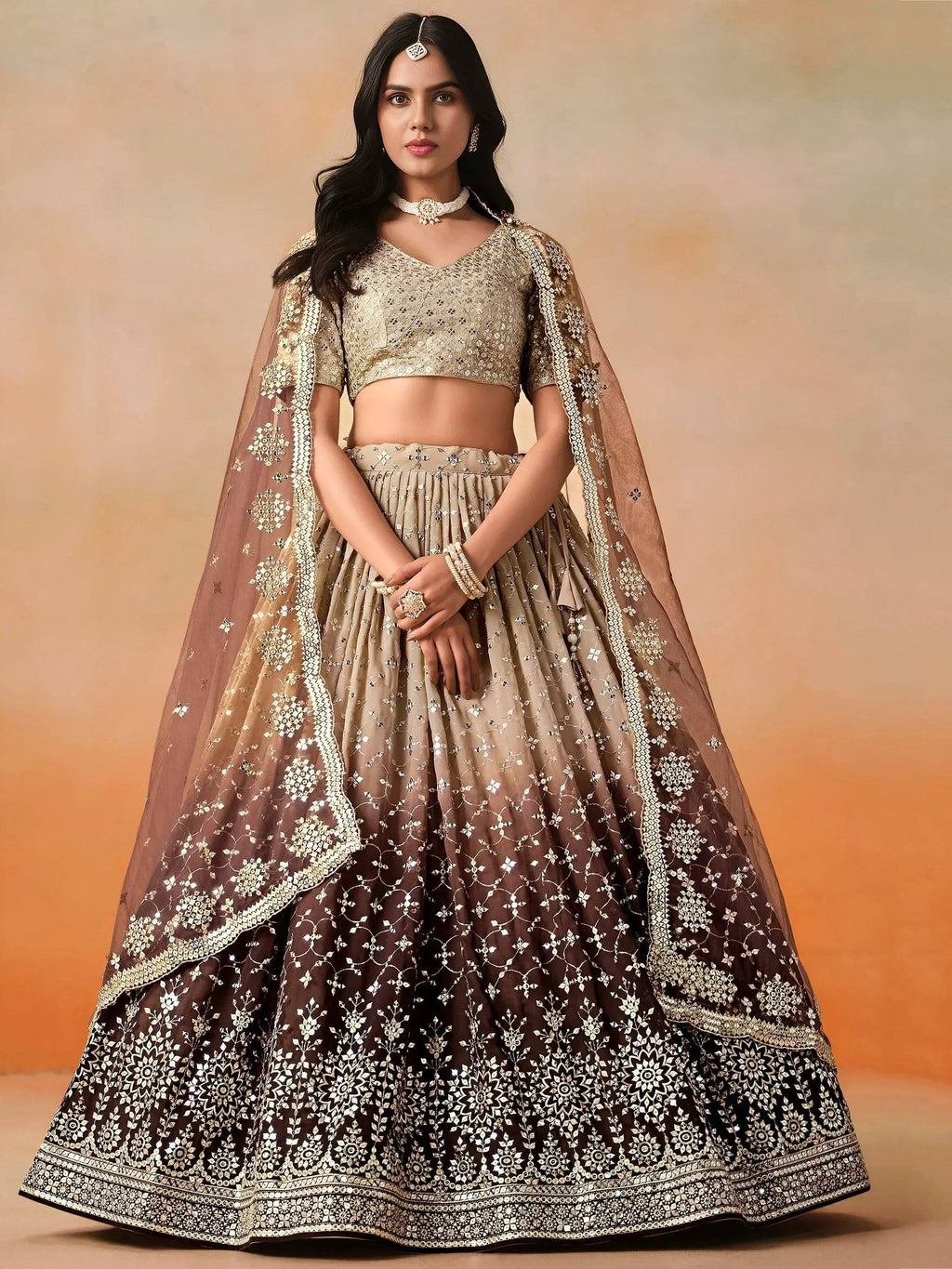 Tulsi Art Gorgeous Brown Georgette Zari Embroidered Lehenga Choli With Dupatta | Grocsy