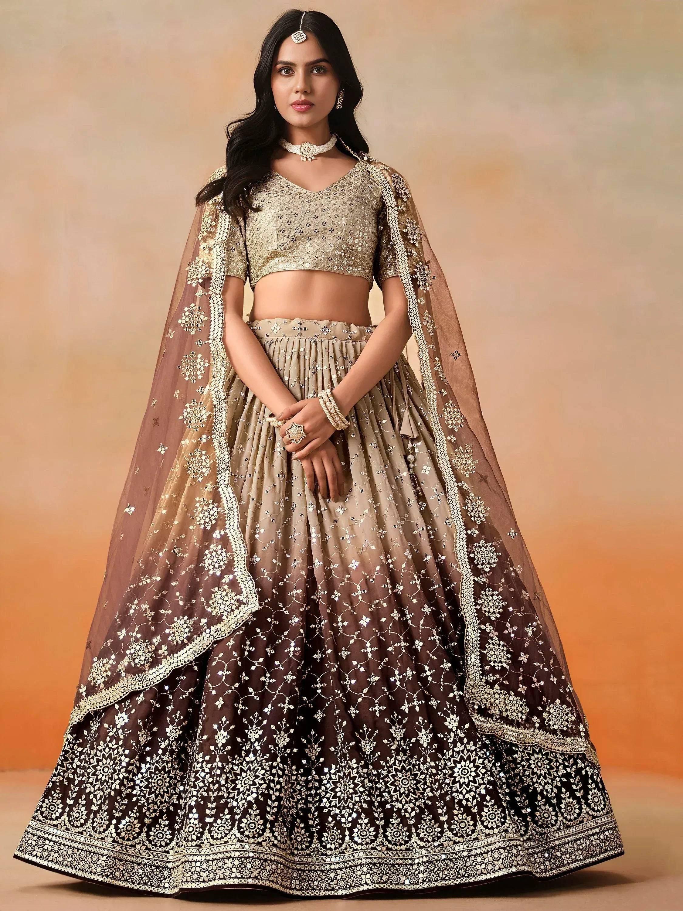 Tulsi Art Gorgeous Brown Georgette Zari Embroidered Lehenga Choli With Dupatta | Grocsy