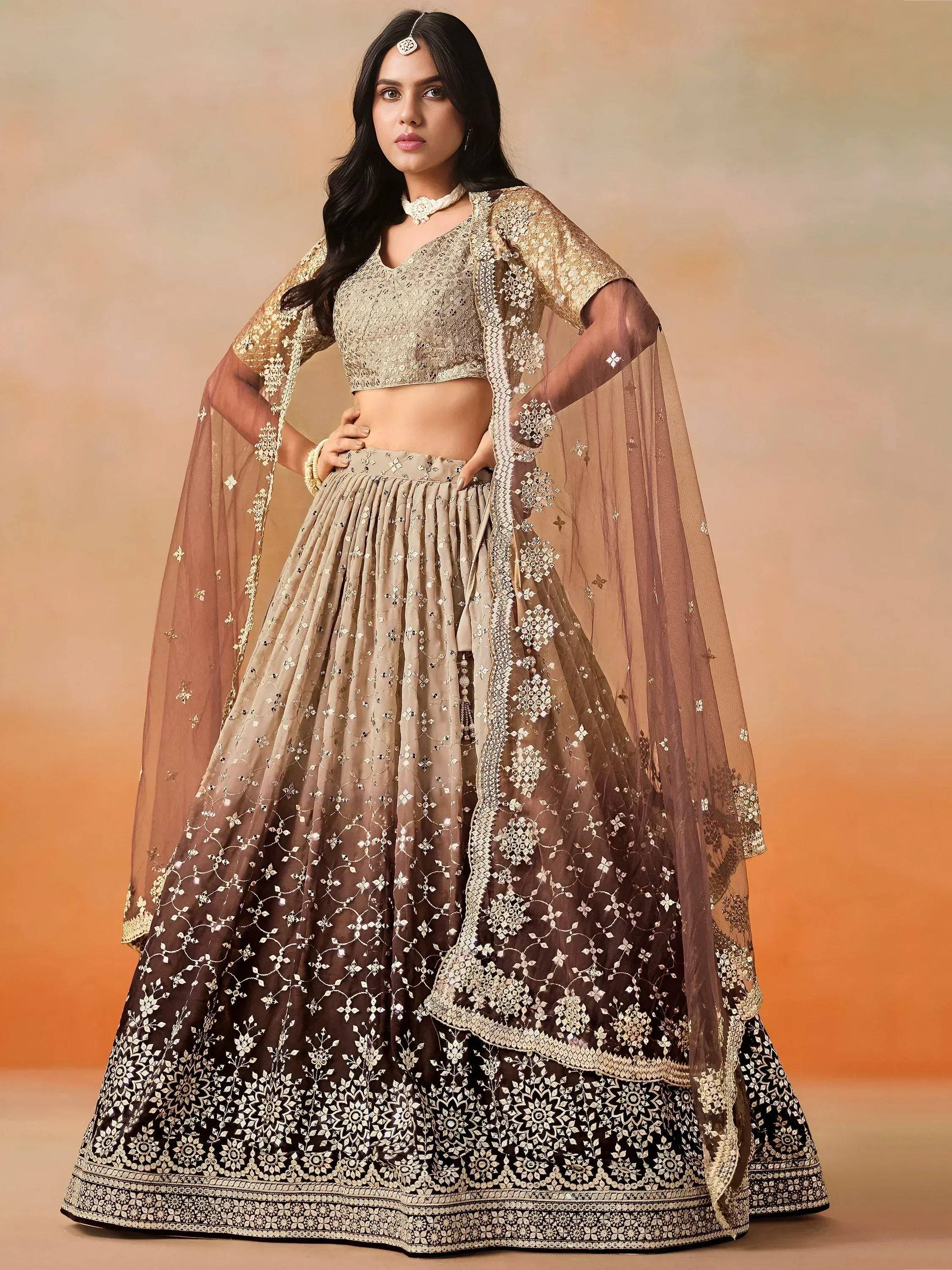 Tulsi Art Gorgeous Brown Georgette Zari Embroidered Lehenga Choli With Dupatta | Grocsy
