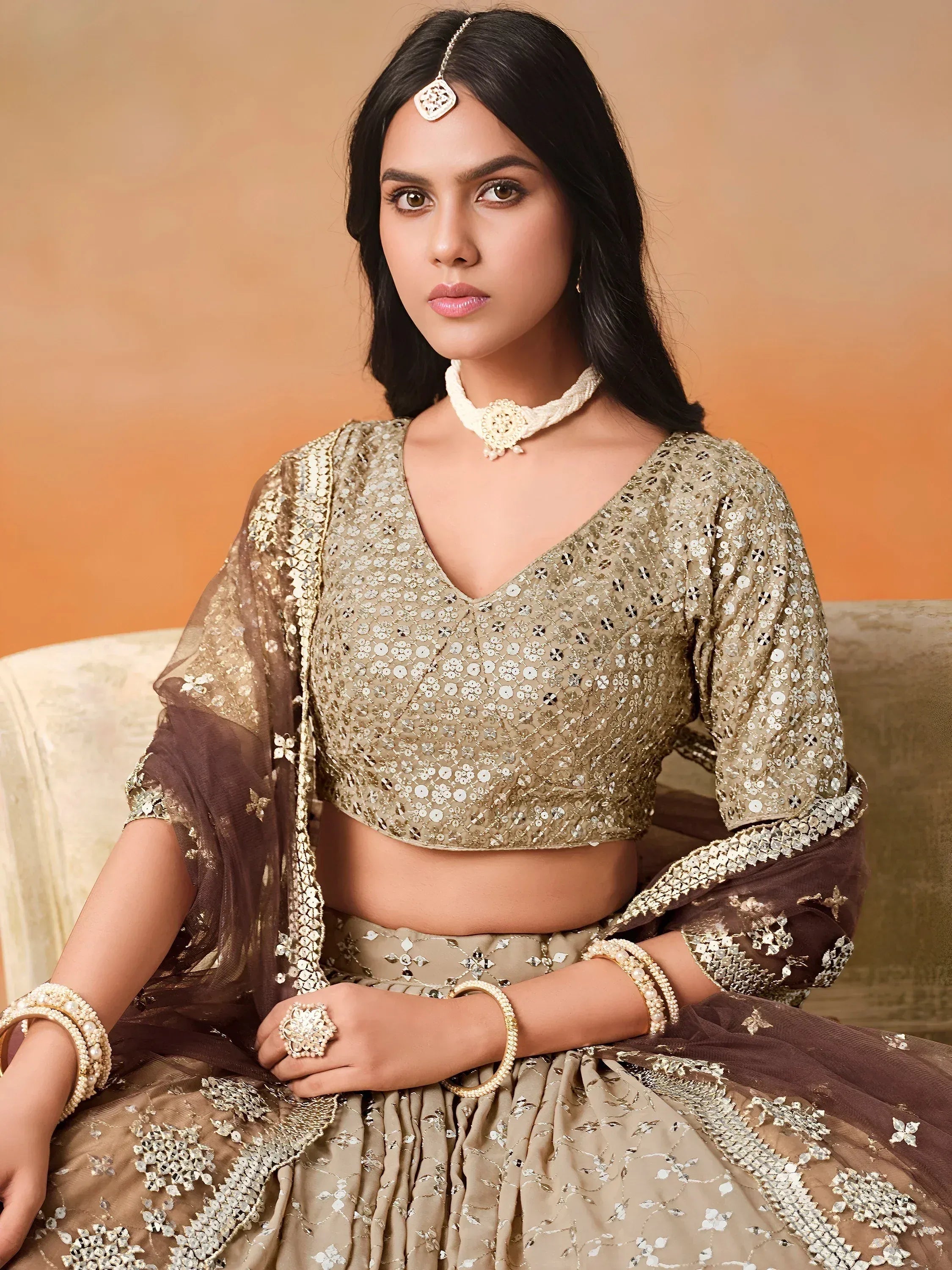 Tulsi Art Gorgeous Brown Georgette Zari Embroidered Lehenga Choli With Dupatta | Grocsy