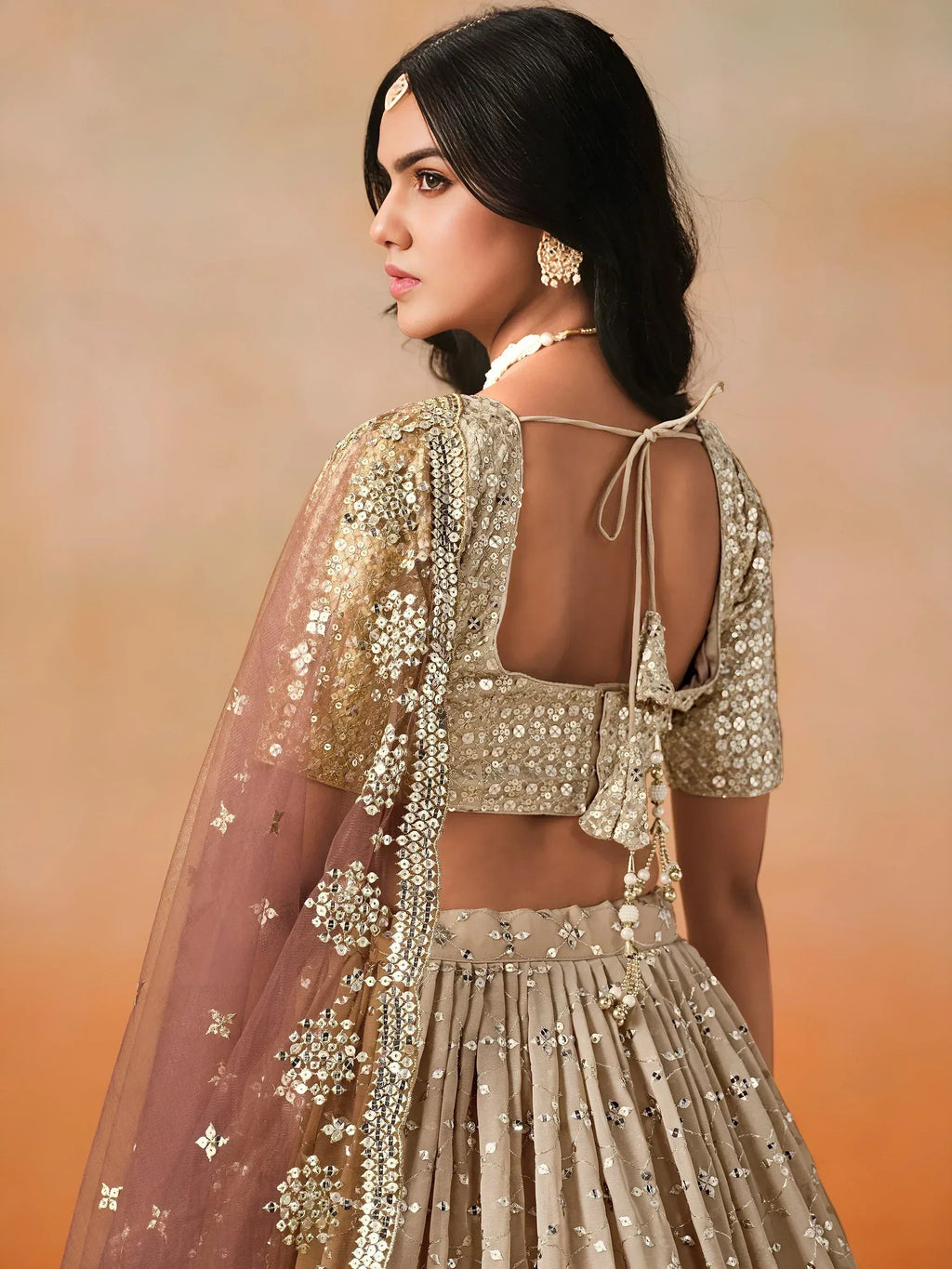 Tulsi Art Gorgeous Brown Georgette Zari Embroidered Lehenga Choli With Dupatta | Grocsy