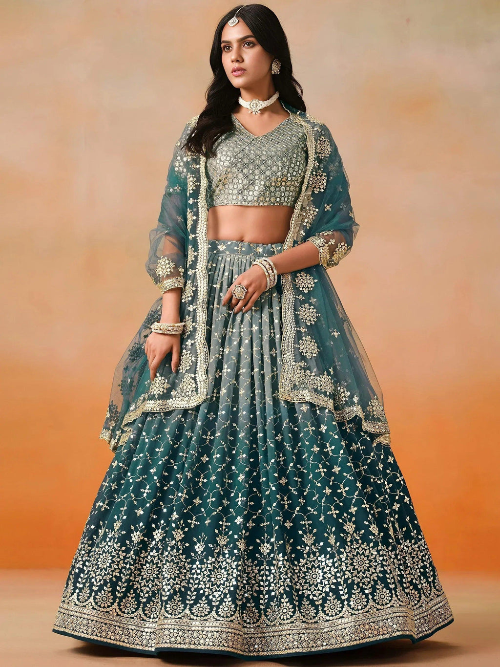 Tulsi Art Glamorous Dove Blue Sequins Embroidered Georgette Lehenga Choli | Grocsy