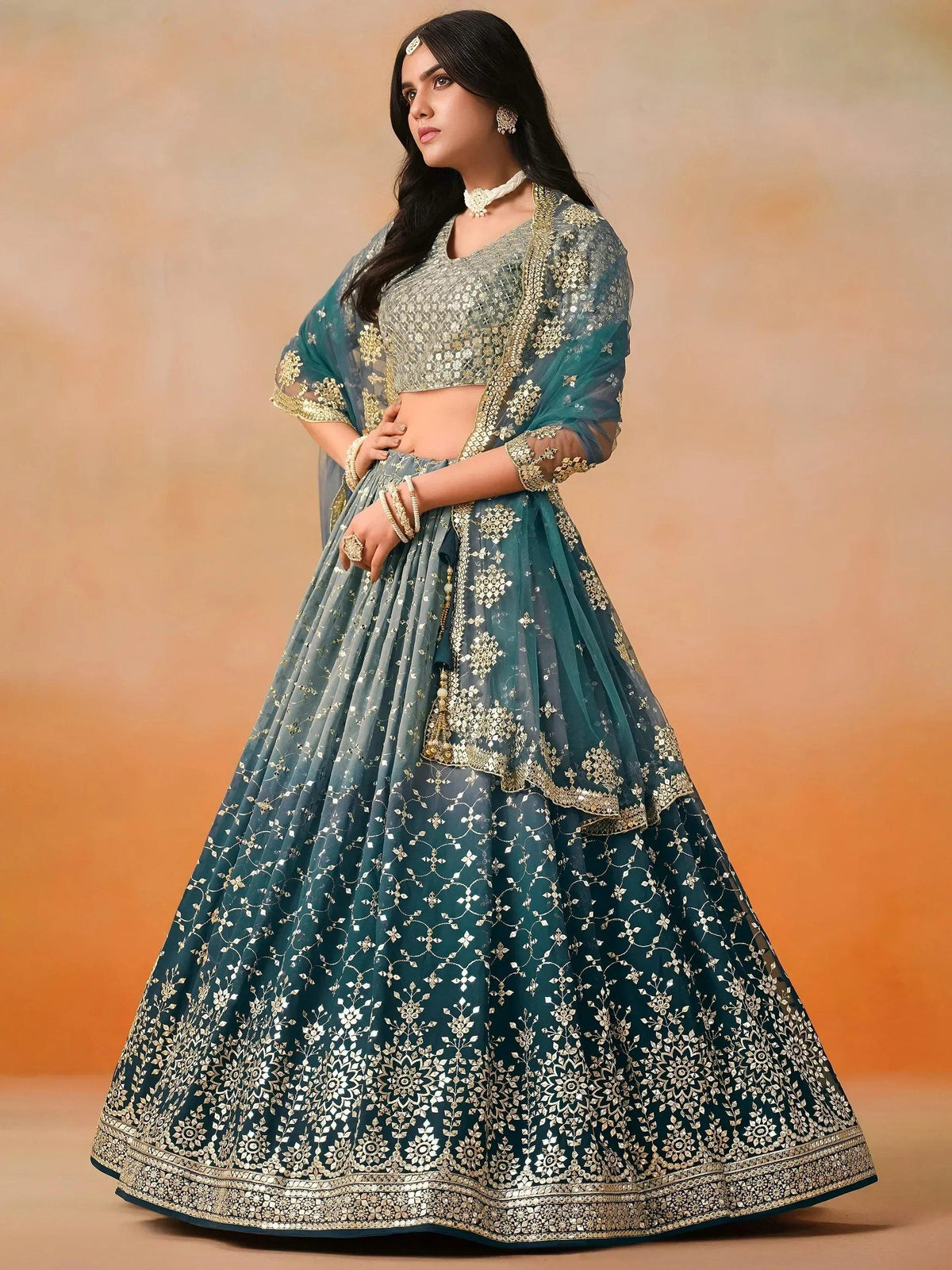 Tulsi Art Glamorous Dove Blue Sequins Embroidered Georgette Lehenga Choli | Grocsy
