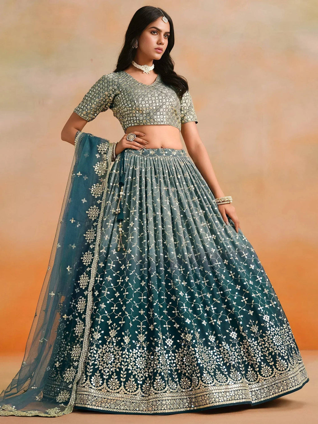 Tulsi Art Glamorous Dove Blue Sequins Embroidered Georgette Lehenga Choli | Grocsy