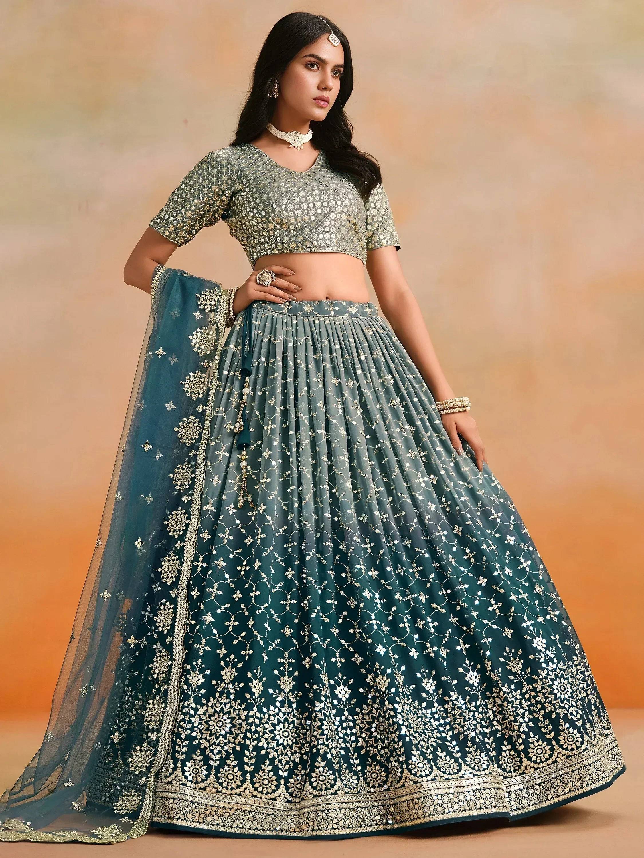 Tulsi Art Glamorous Dove Blue Sequins Embroidered Georgette Lehenga Choli | Grocsy