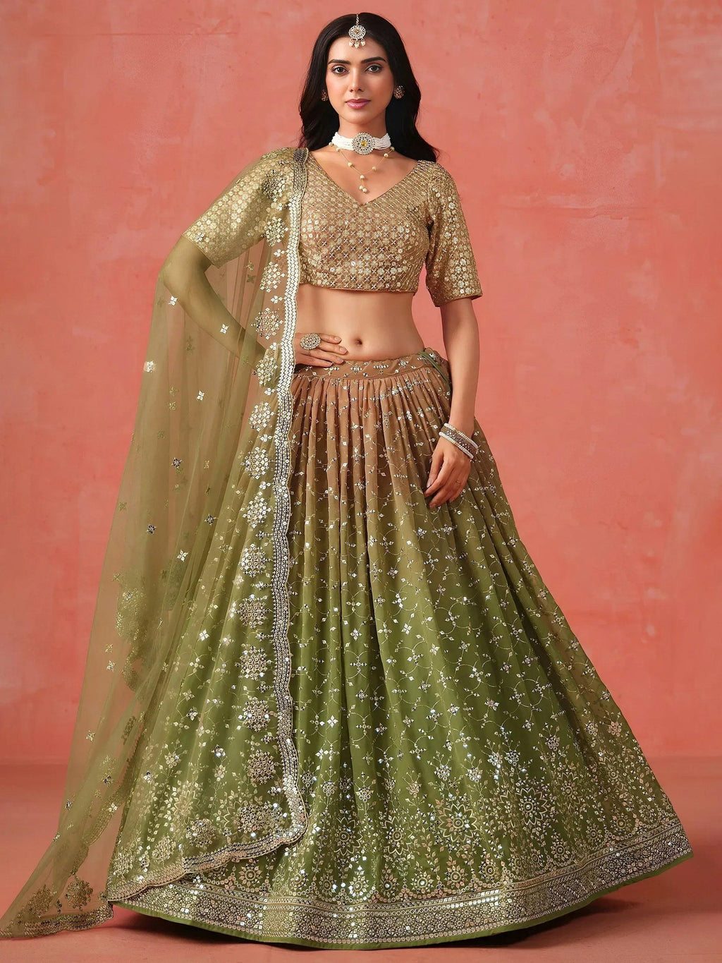 Tulsi Art Beautiful Green Sequins Embroidered Mehendi Wear Lehenga Choli | Grocsy