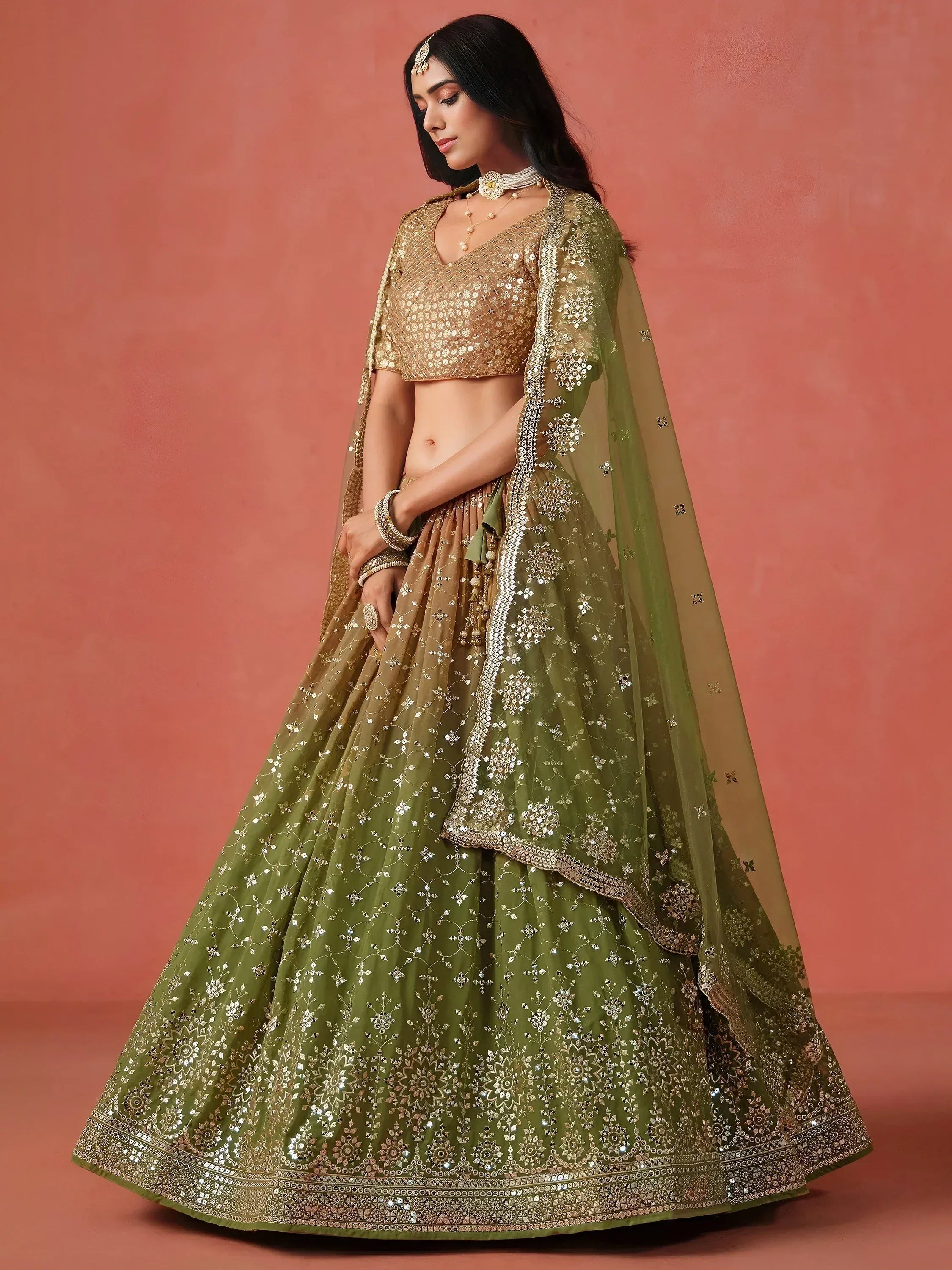 Tulsi Art Beautiful Green Sequins Embroidered Mehendi Wear Lehenga Choli | Grocsy
