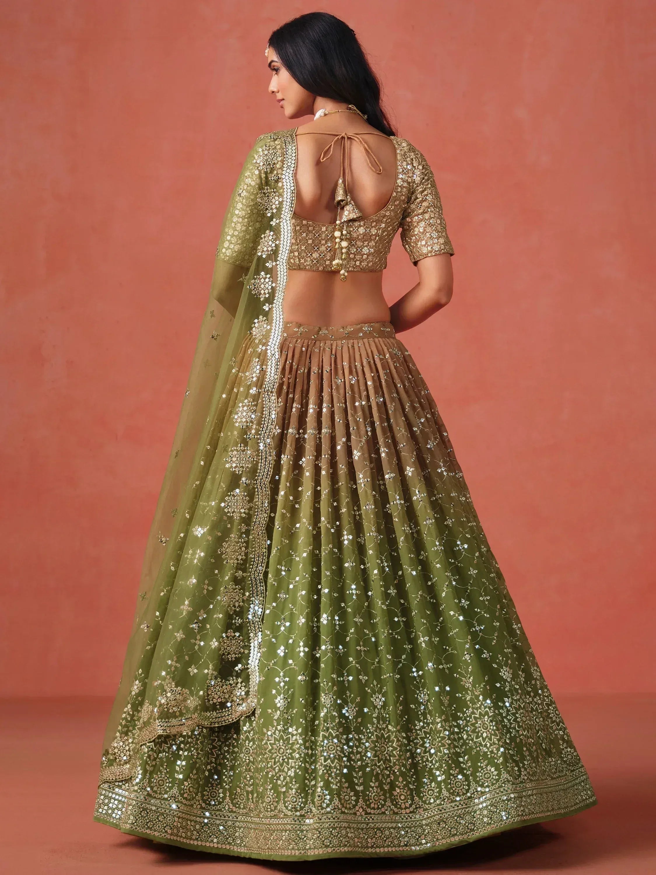 Tulsi Art Beautiful Green Sequins Embroidered Mehendi Wear Lehenga Choli | Grocsy