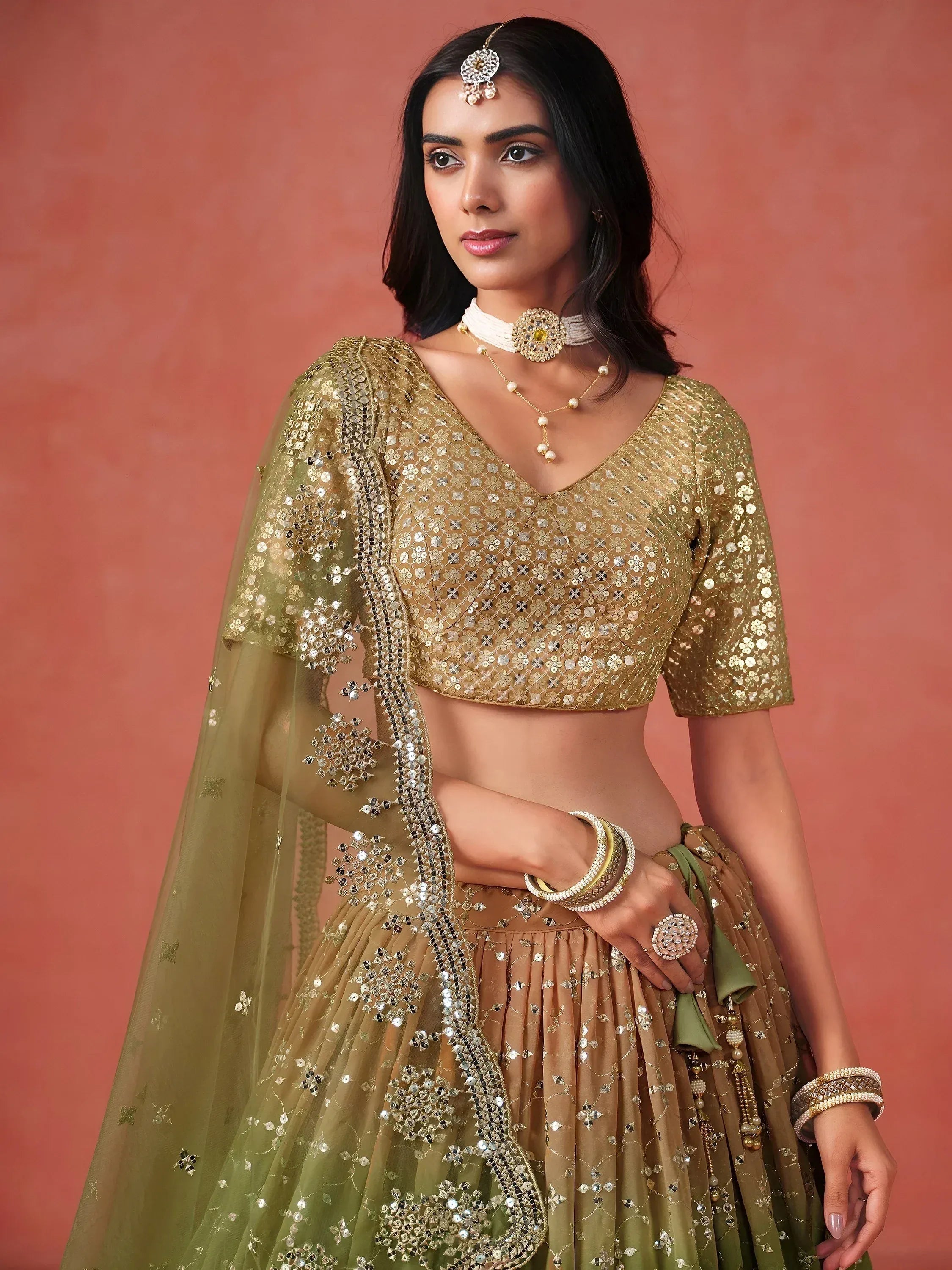 Tulsi Art Beautiful Green Sequins Embroidered Mehendi Wear Lehenga Choli | Grocsy