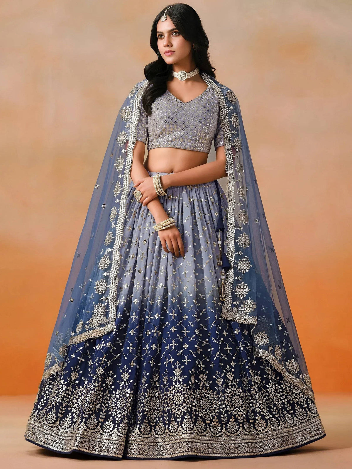 Tulsi Art Attractive Navy Blue Embroidered Reception Wear Lehenga Choli | Grocsy