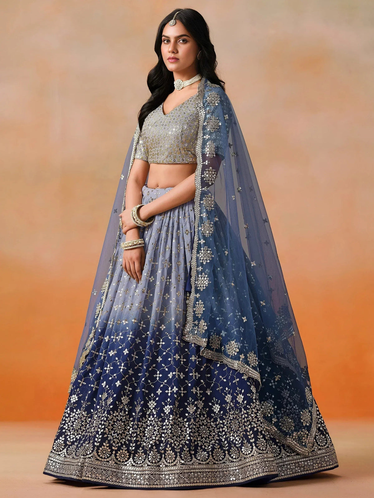 Tulsi Art Attractive Navy Blue Embroidered Reception Wear Lehenga Choli | Grocsy