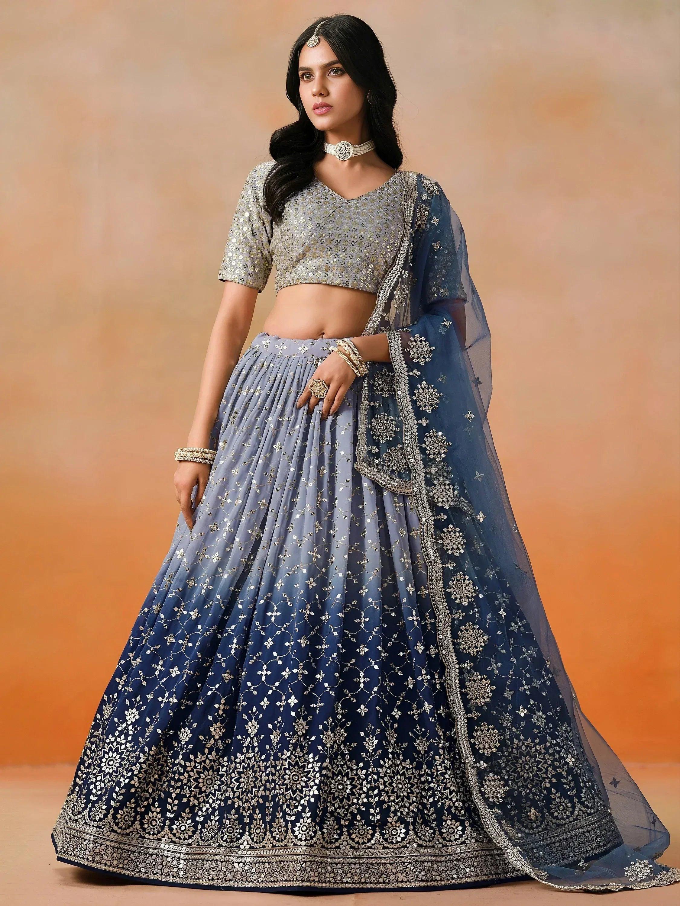 Tulsi Art Attractive Navy Blue Embroidered Reception Wear Lehenga Choli | Grocsy