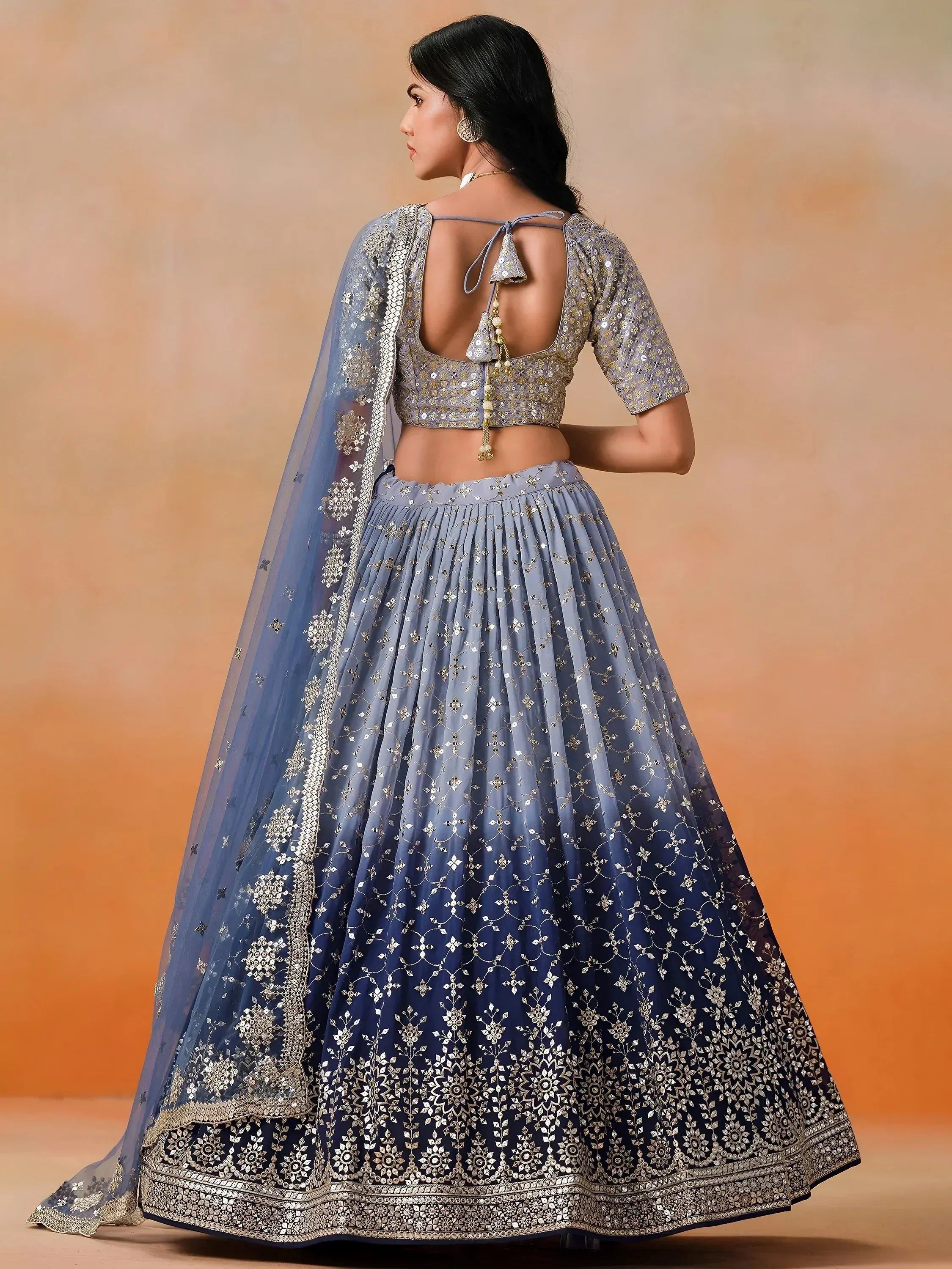 Tulsi Art Attractive Navy Blue Embroidered Reception Wear Lehenga Choli | Grocsy
