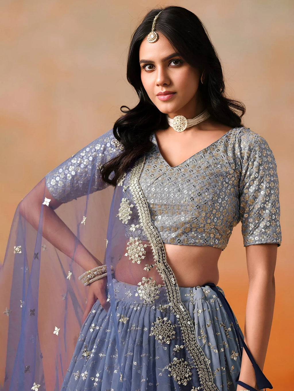 Tulsi Art Attractive Navy Blue Embroidered Reception Wear Lehenga Choli | Grocsy