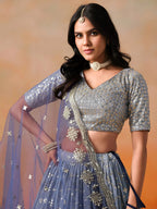 Tulsi Art Attractive Navy Blue Embroidered Reception Wear Lehenga Choli | Grocsy