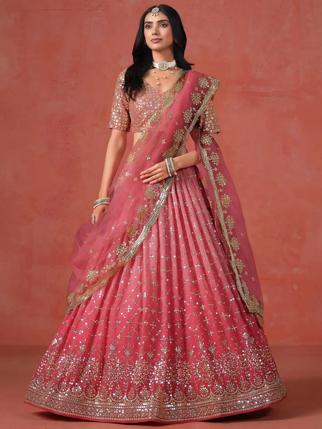 Tulsi Art Stunning Peach Georgette Sequins Lehenga Choli | Grocsy