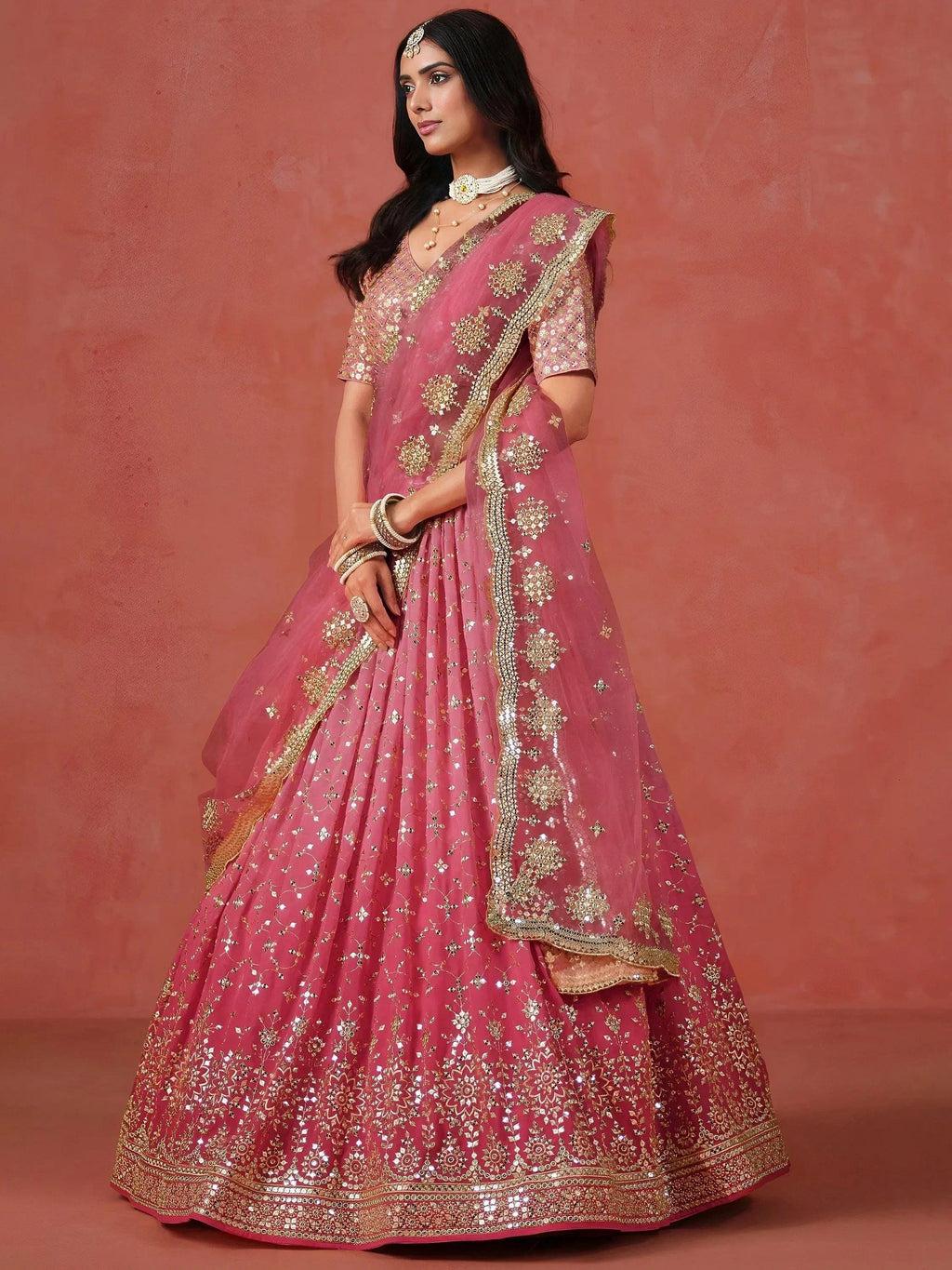 Tulsi Art Stunning Peach Georgette Sequins Lehenga Choli | Grocsy