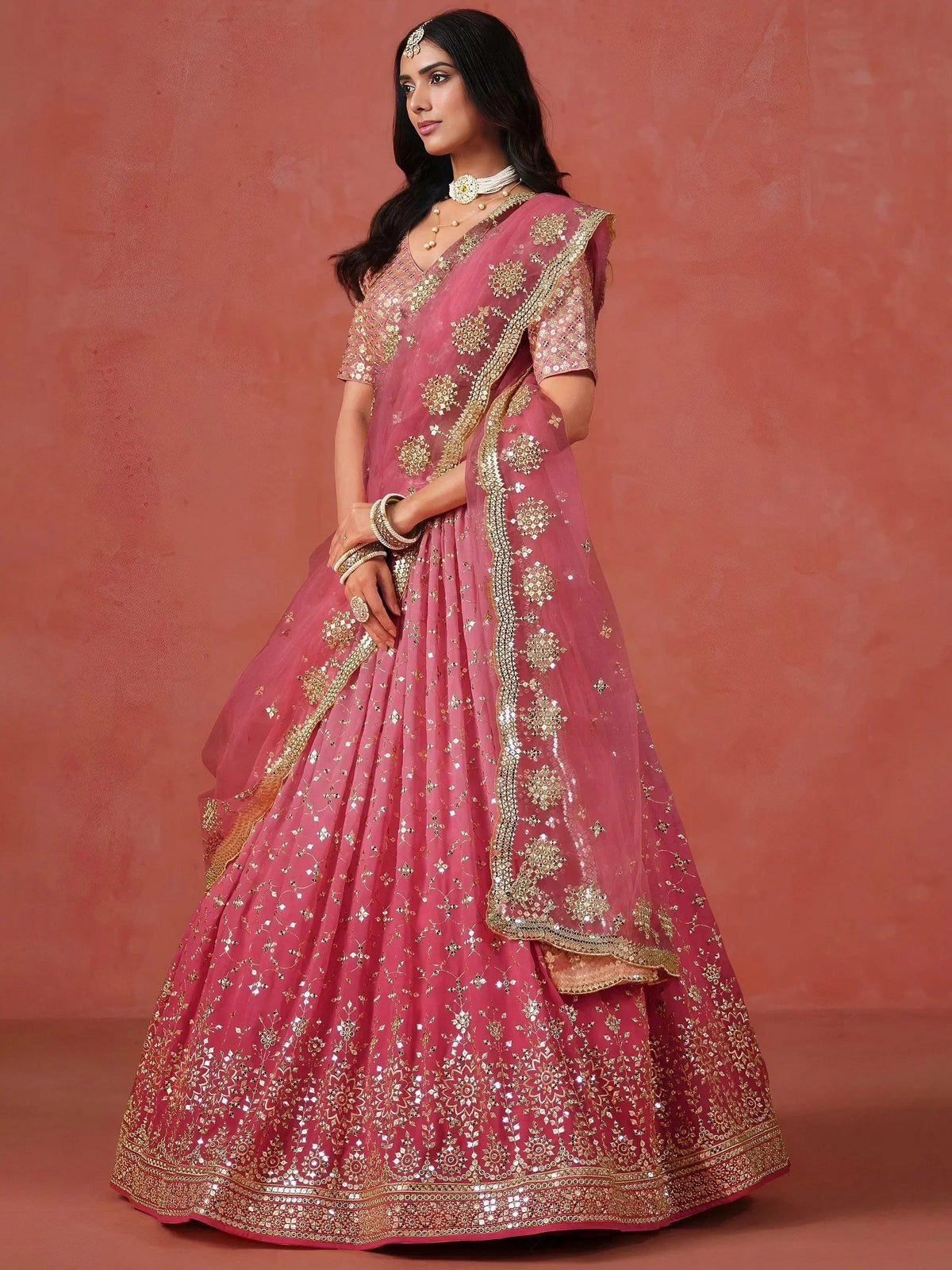 Tulsi Art Stunning Peach Georgette Sequins Lehenga Choli | Grocsy