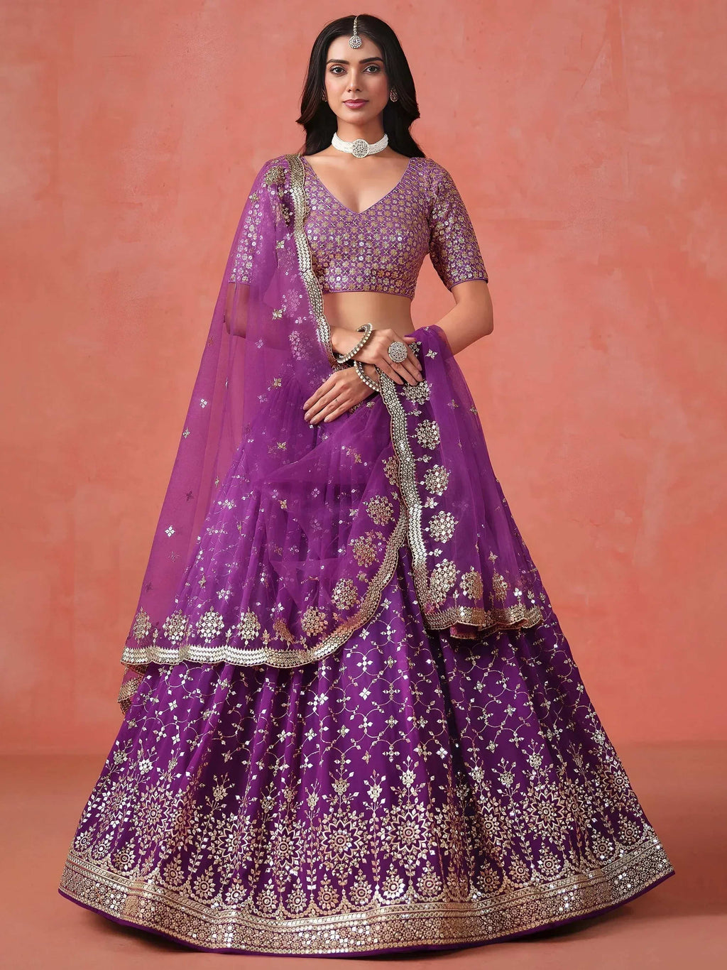 Tulsi Art Charming Purple Sequins Work Wedding Wear Lehenga Choli | Grocsy