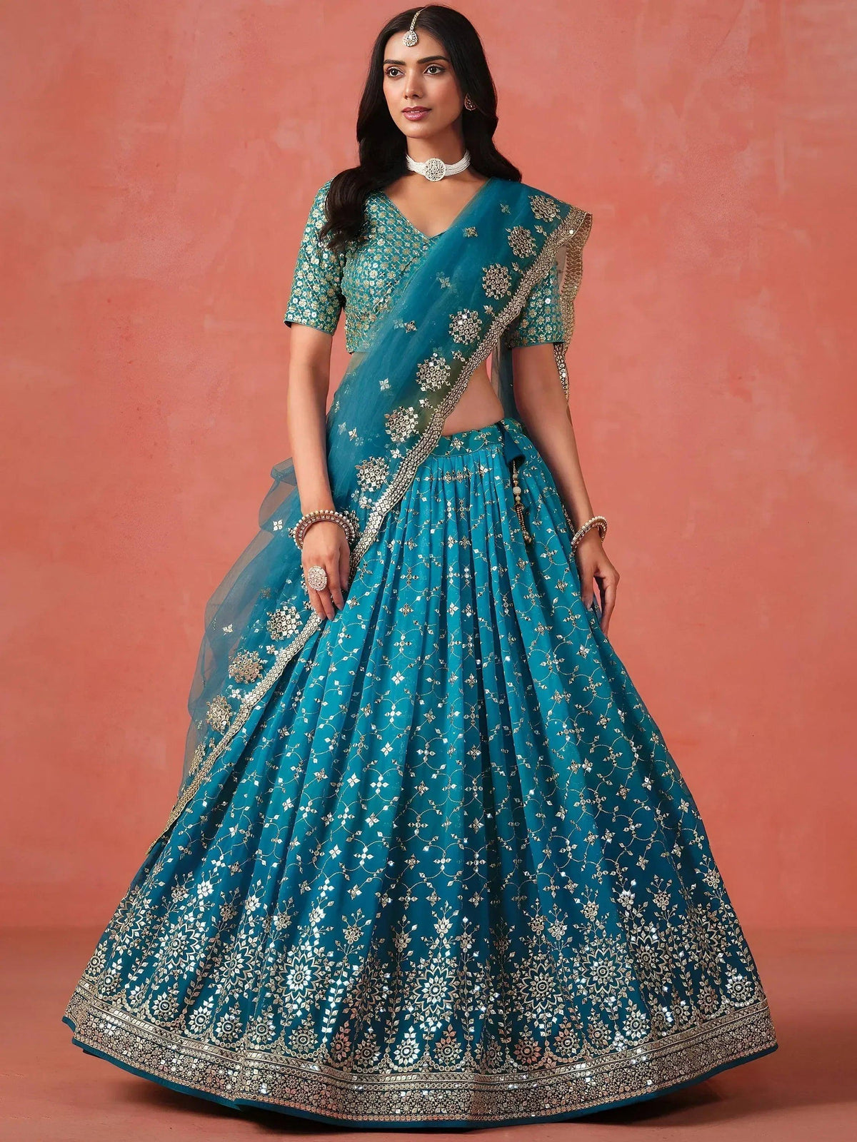 Tulsi Art Adorable Teal Blue Georgette Zari Embroidered Lehenga Choli | Grocsy