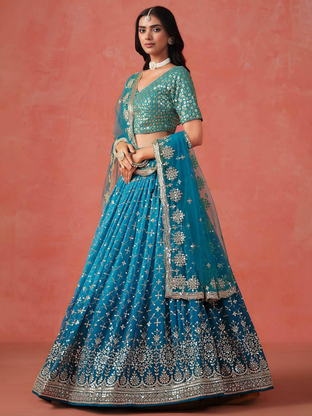 Tulsi Art Adorable Teal Blue Georgette Zari Embroidered Lehenga Choli | Grocsy