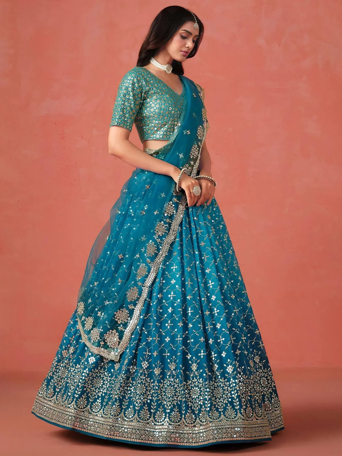 Tulsi Art Adorable Teal Blue Georgette Zari Embroidered Lehenga Choli | Grocsy