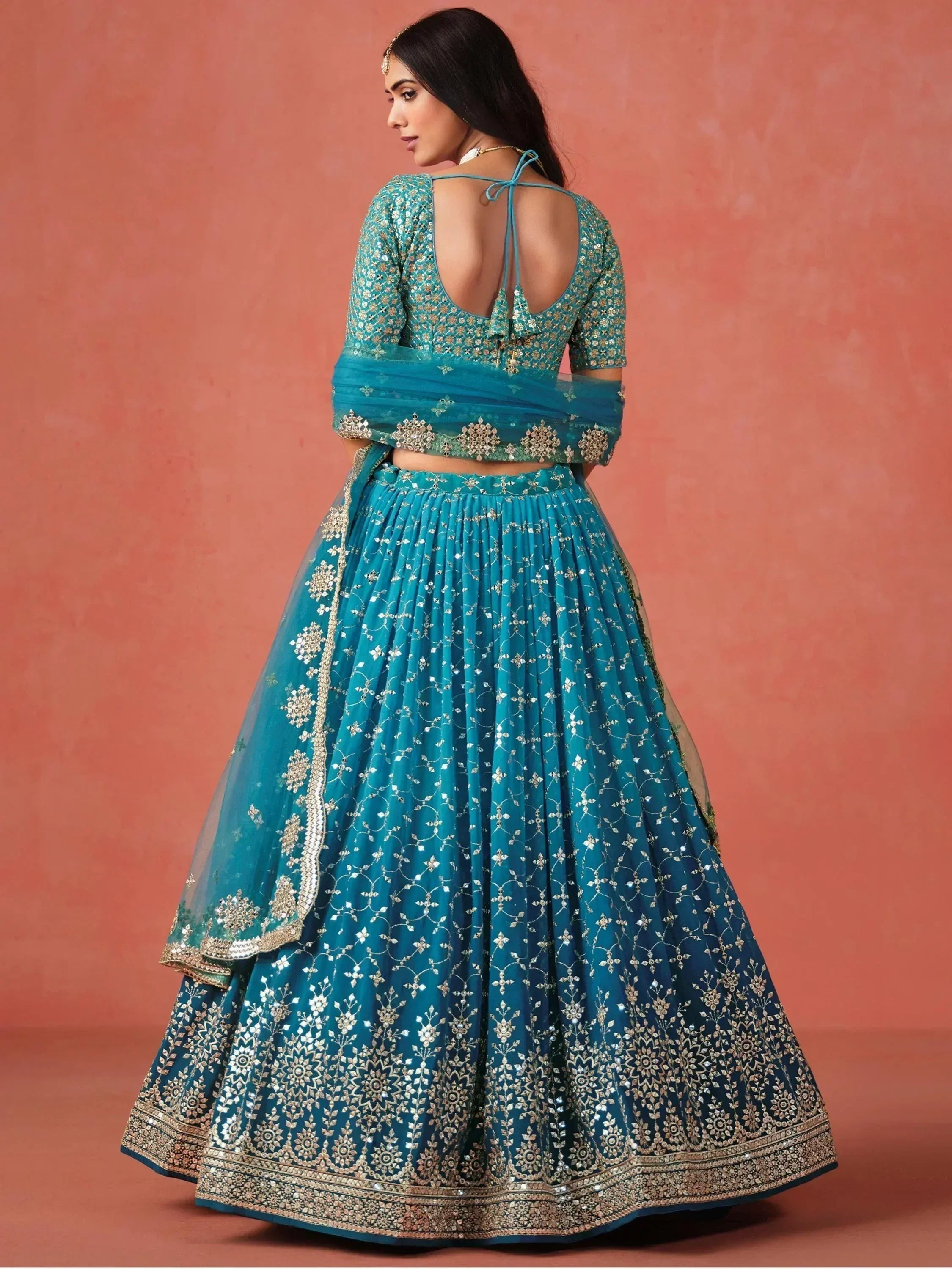 Tulsi Art Adorable Teal Blue Georgette Zari Embroidered Lehenga Choli | Grocsy