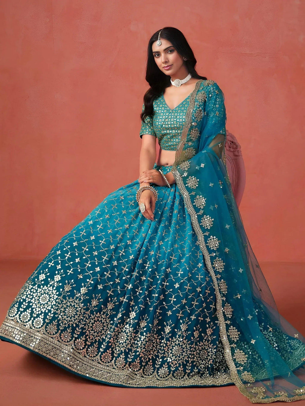 Tulsi Art Adorable Teal Blue Georgette Zari Embroidered Lehenga Choli | Grocsy