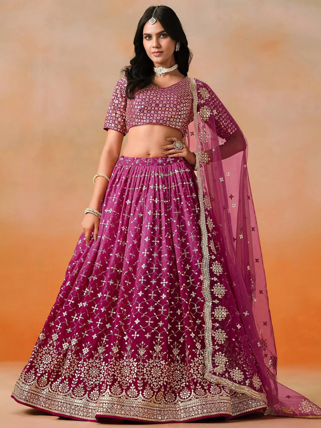 Tulsi Art Alluring Rose Pink Zari Work Sangeet Wear Lehenga Choli | Grocsy
