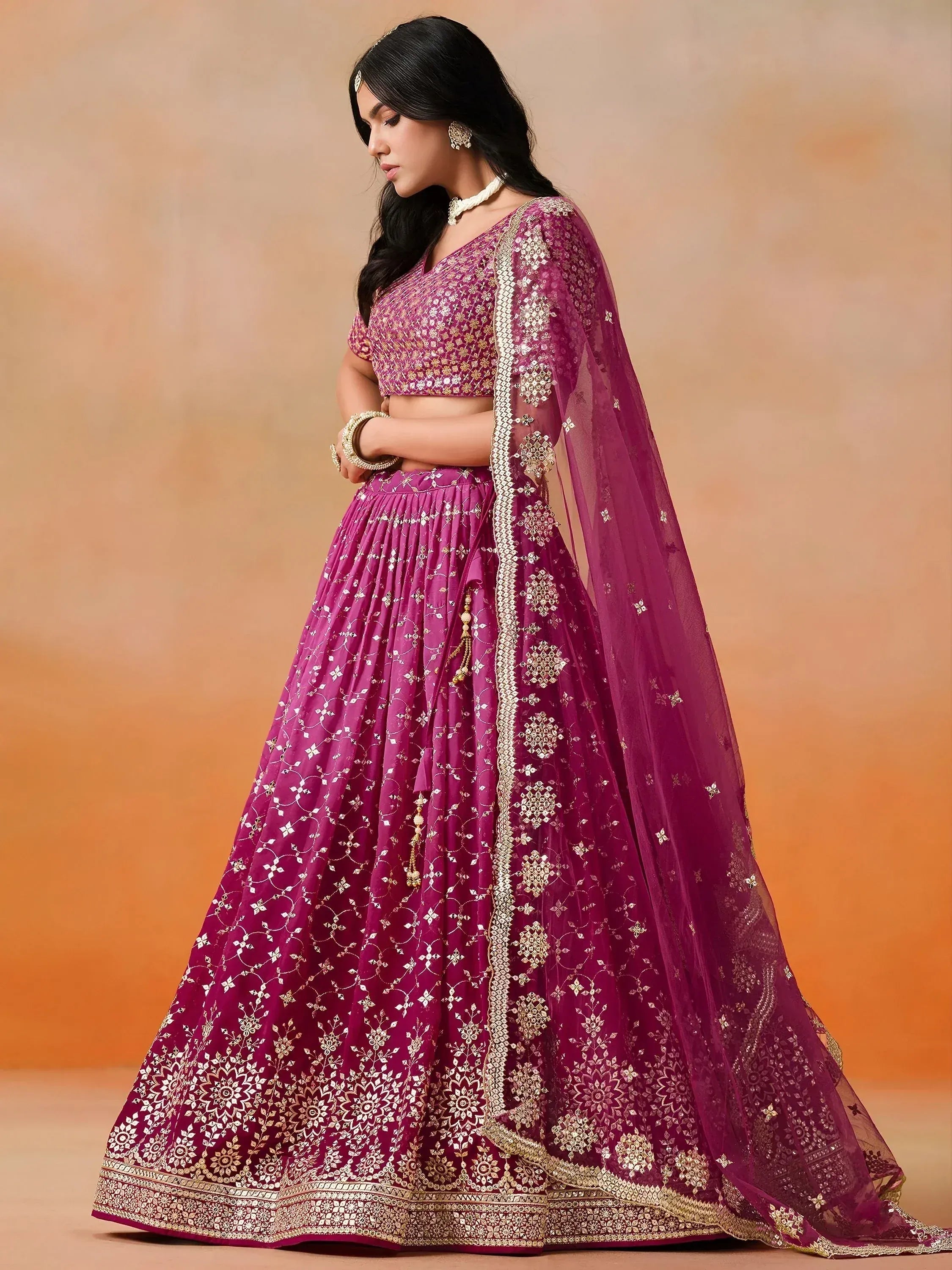 Tulsi Art Alluring Rose Pink Zari Work Sangeet Wear Lehenga Choli | Grocsy