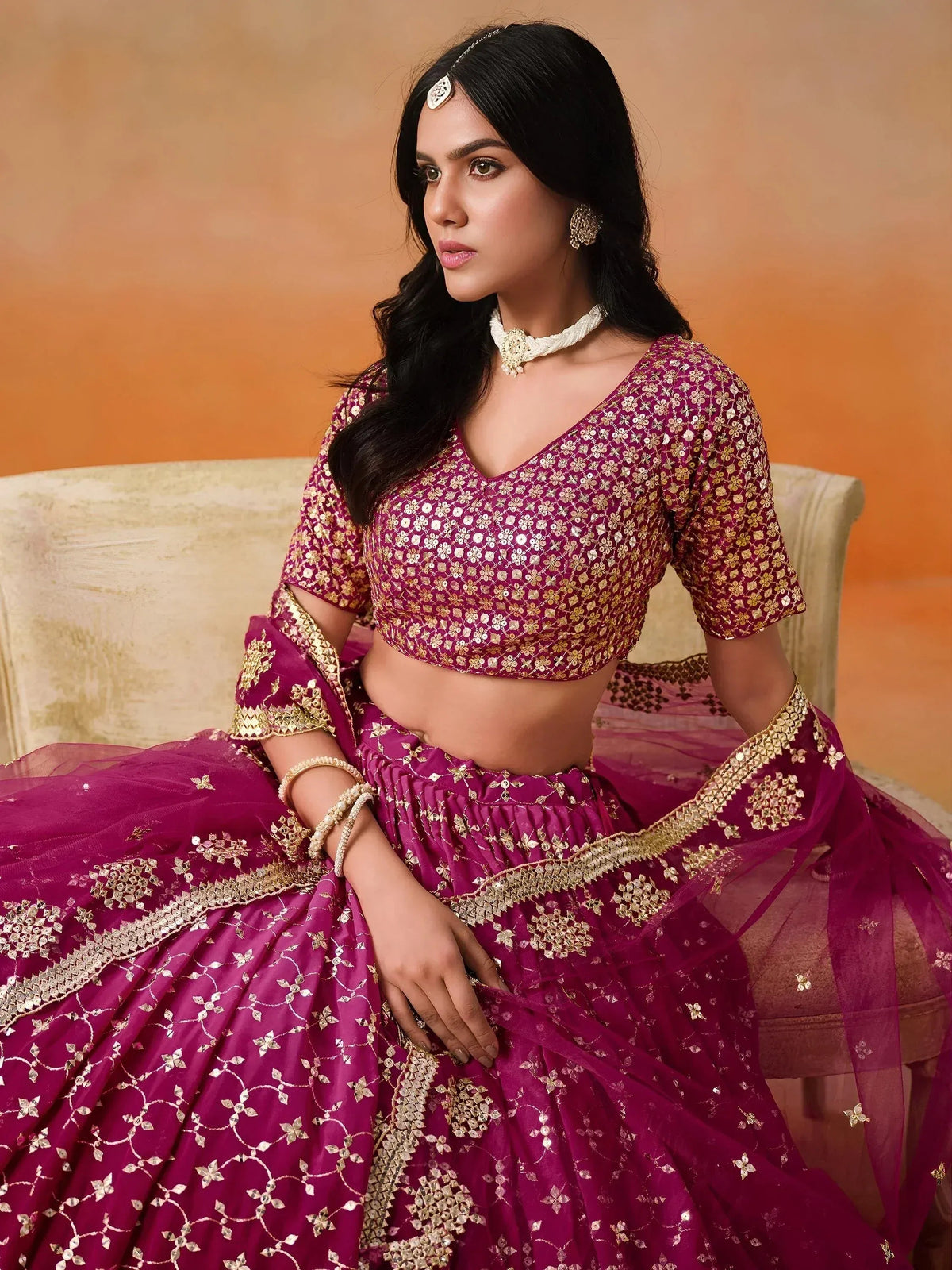 Tulsi Art Alluring Rose Pink Zari Work Sangeet Wear Lehenga Choli | Grocsy