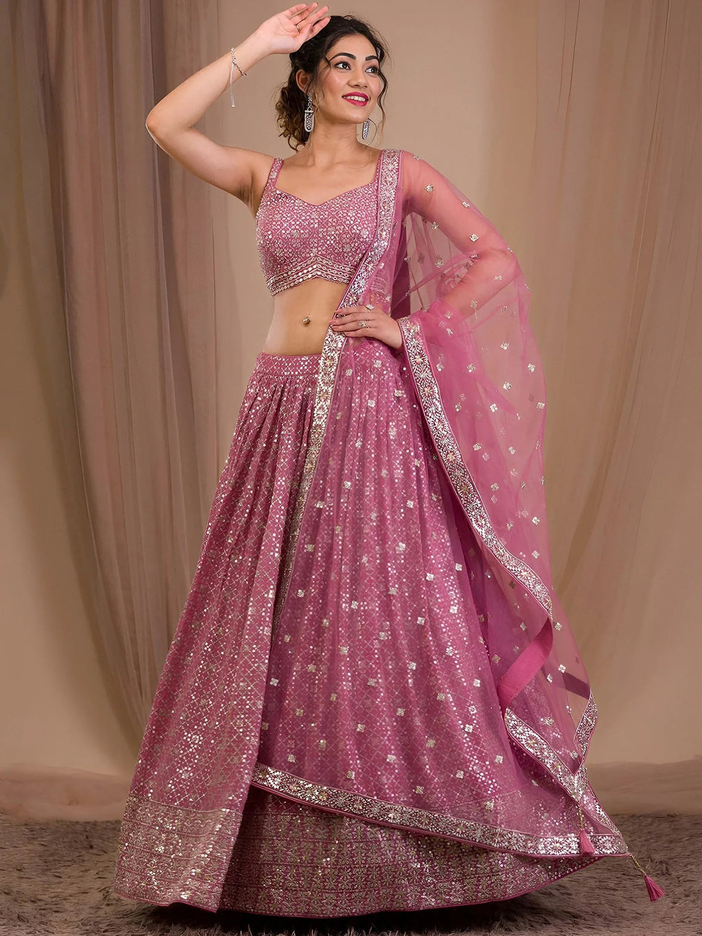 Tulsi Art Alluring Pink Sequins Georgette Engagement Wear Lehenga Choli | Grocsy
