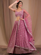 Tulsi Art Alluring Pink Sequins Georgette Engagement Wear Lehenga Choli | Grocsy