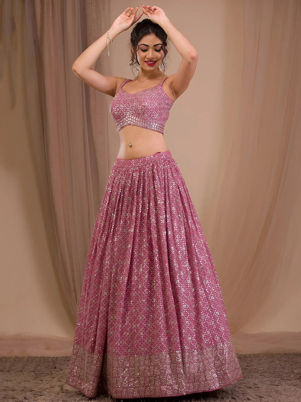Tulsi Art Alluring Pink Sequins Georgette Engagement Wear Lehenga Choli | Grocsy