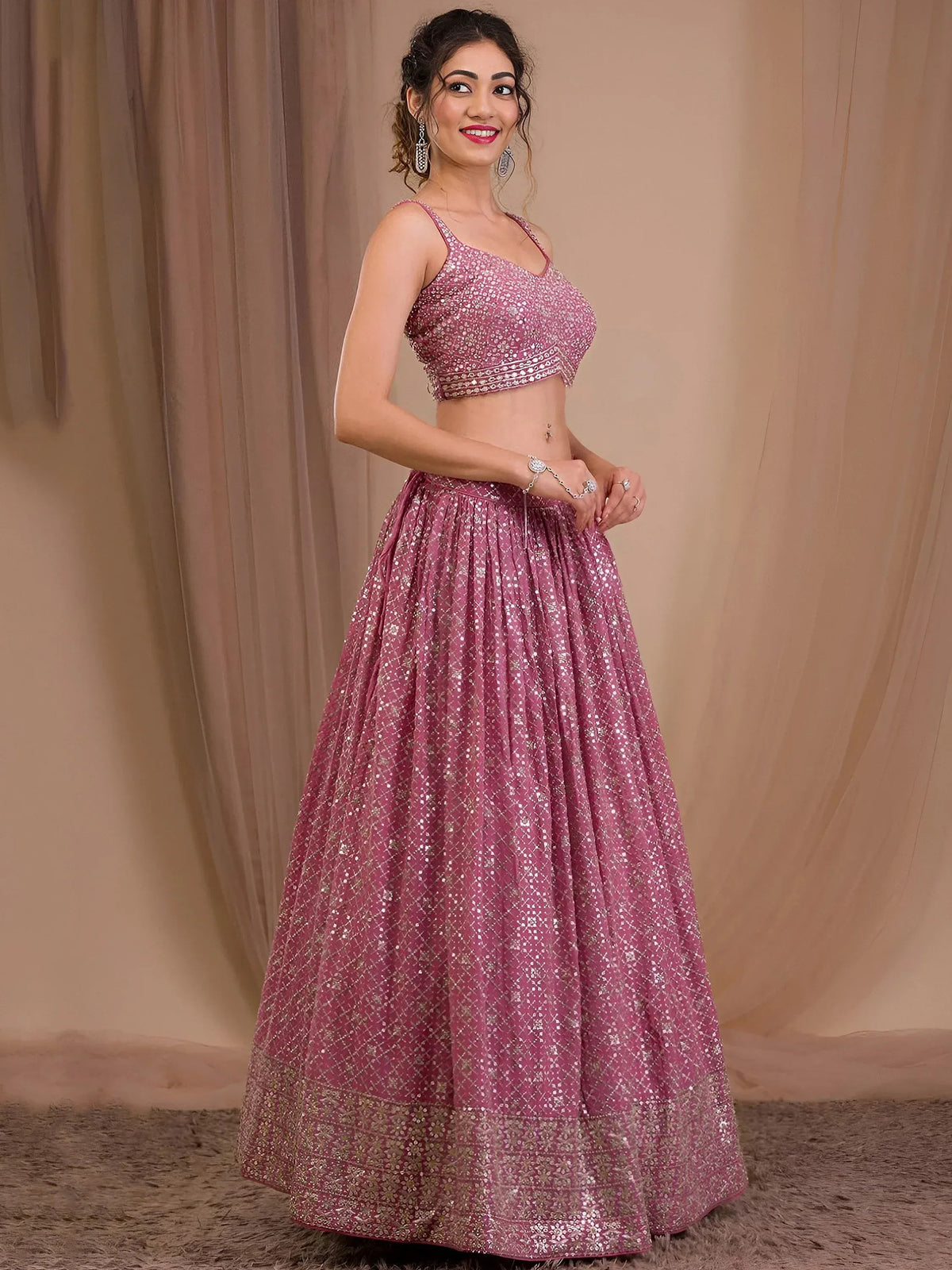 Tulsi Art Alluring Pink Sequins Georgette Engagement Wear Lehenga Choli | Grocsy