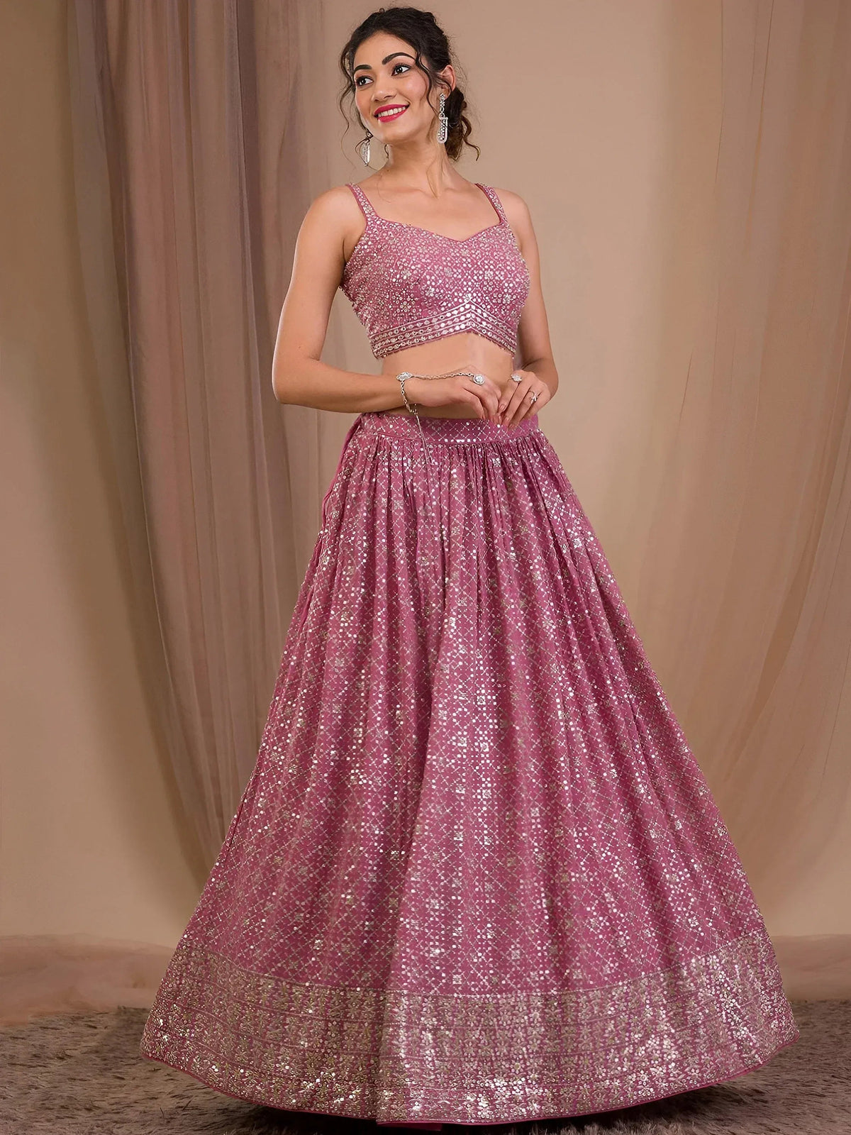 Tulsi Art Alluring Pink Sequins Georgette Engagement Wear Lehenga Choli | Grocsy