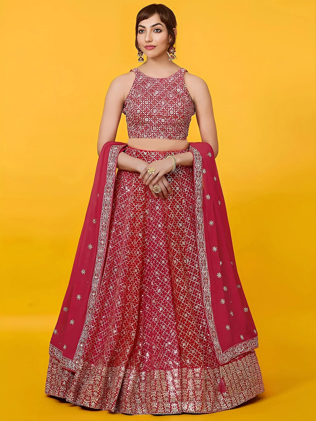 Tulsi Art Adorable Red Sequins Georgette Wedding Lehenga Choli With Dupatta | Grocsy