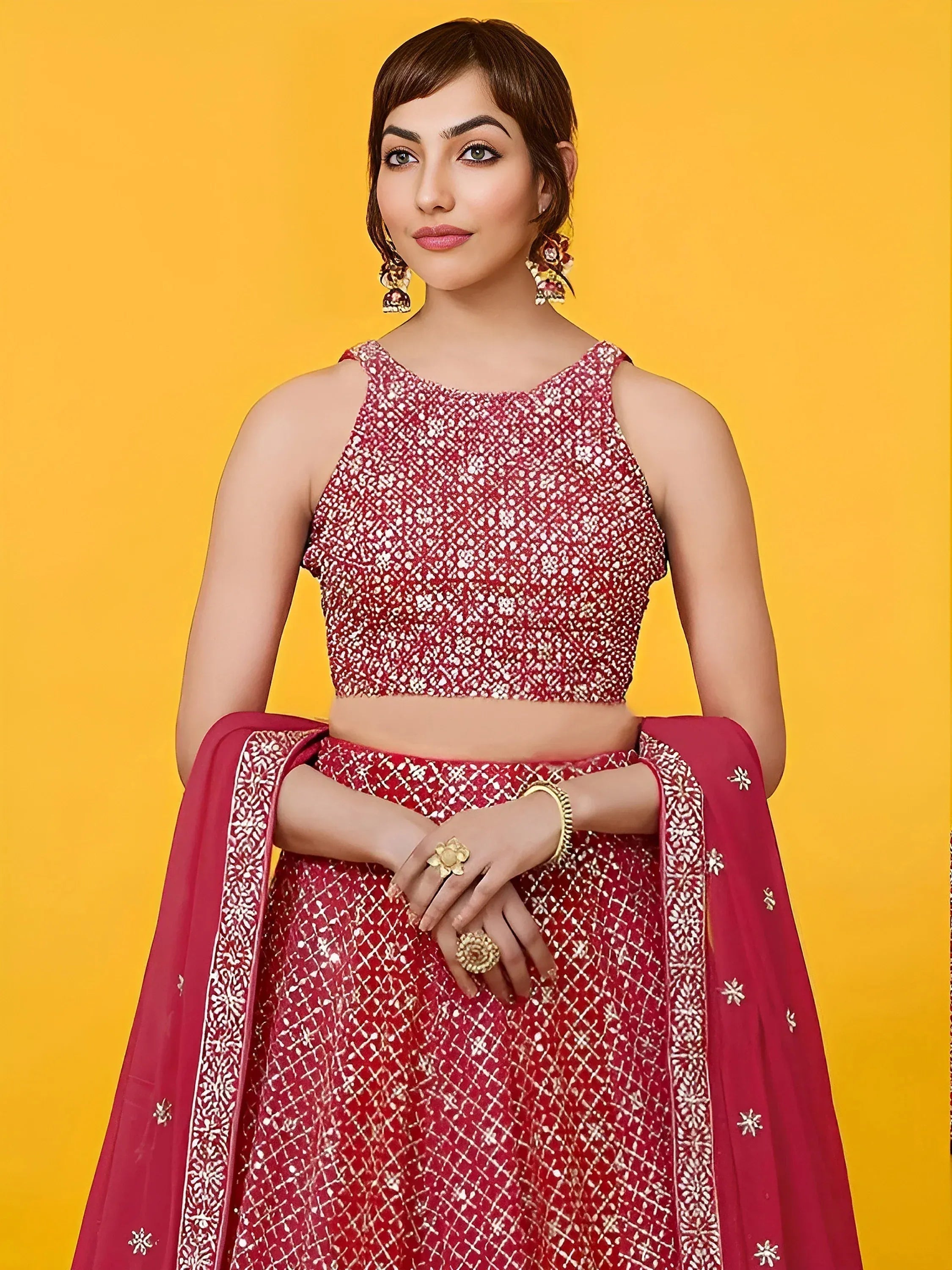 Tulsi Art Adorable Red Sequins Georgette Wedding Lehenga Choli With Dupatta | Grocsy