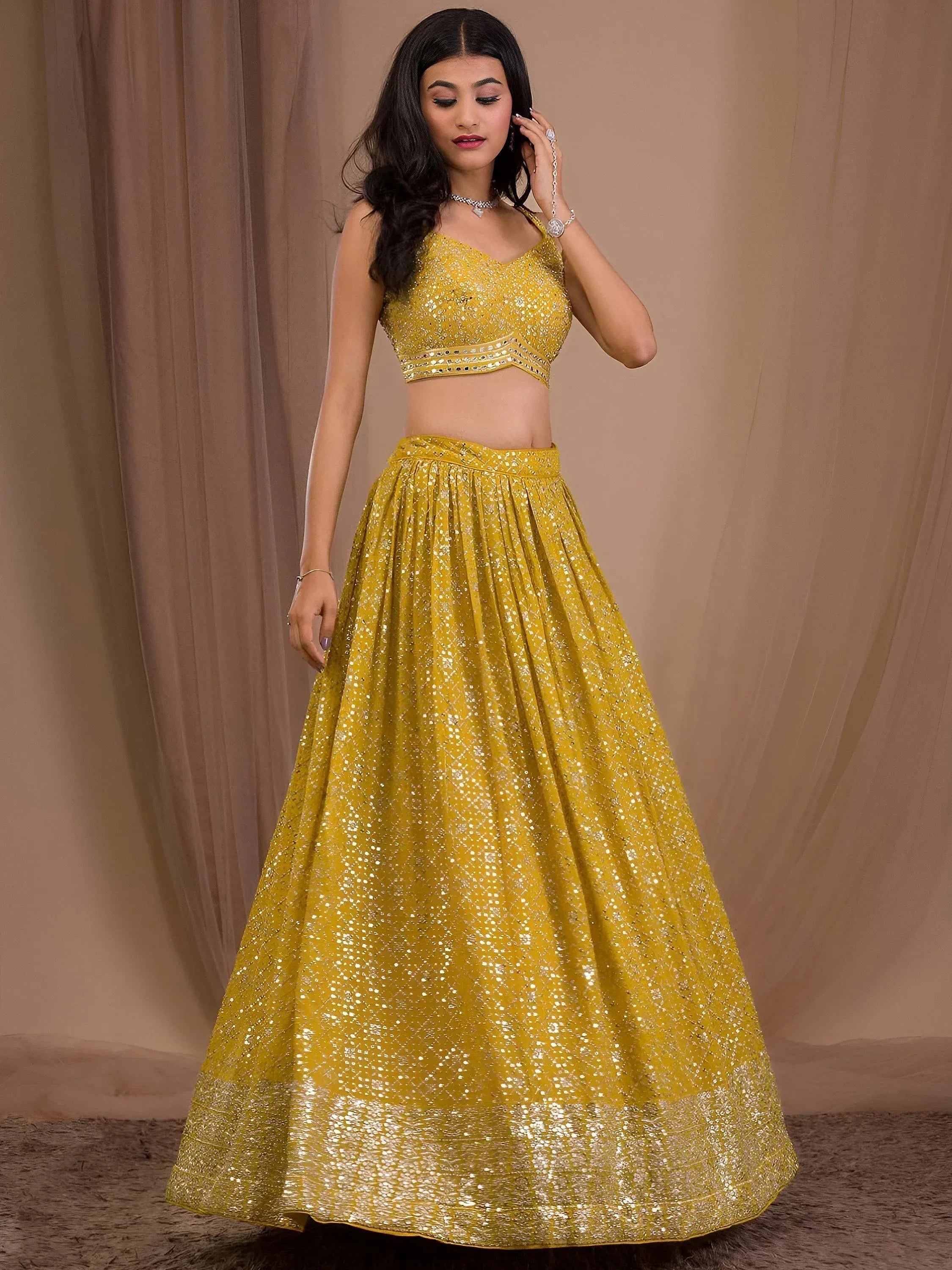 Tulsi Art Fascinating Yellow Sequins Georgette Haldi Wear Lehenga Choli | Grocsy