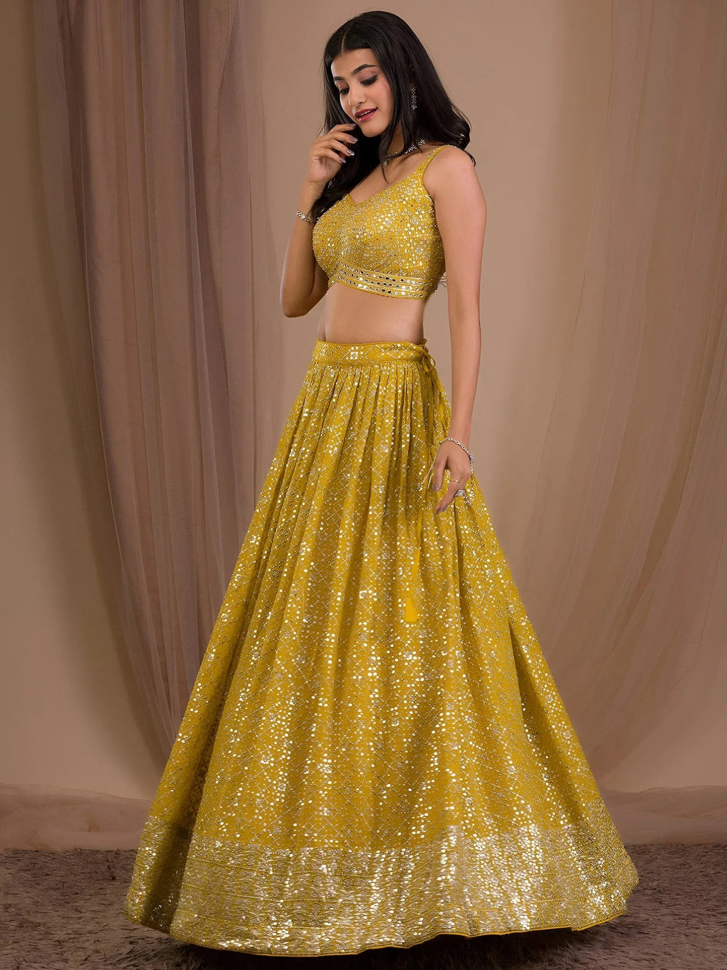 Tulsi Art Fascinating Yellow Sequins Georgette Haldi Wear Lehenga Choli | Grocsy