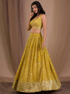 Tulsi Art Fascinating Yellow Sequins Georgette Haldi Wear Lehenga Choli | Grocsy