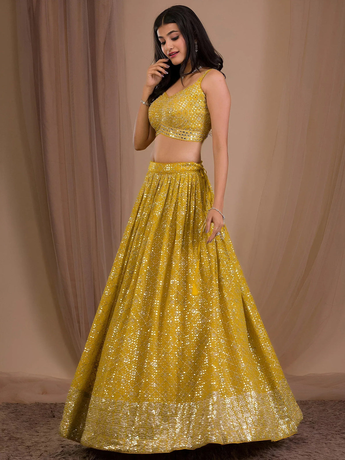 Tulsi Art Fascinating Yellow Sequins Georgette Haldi Wear Lehenga Choli | Grocsy