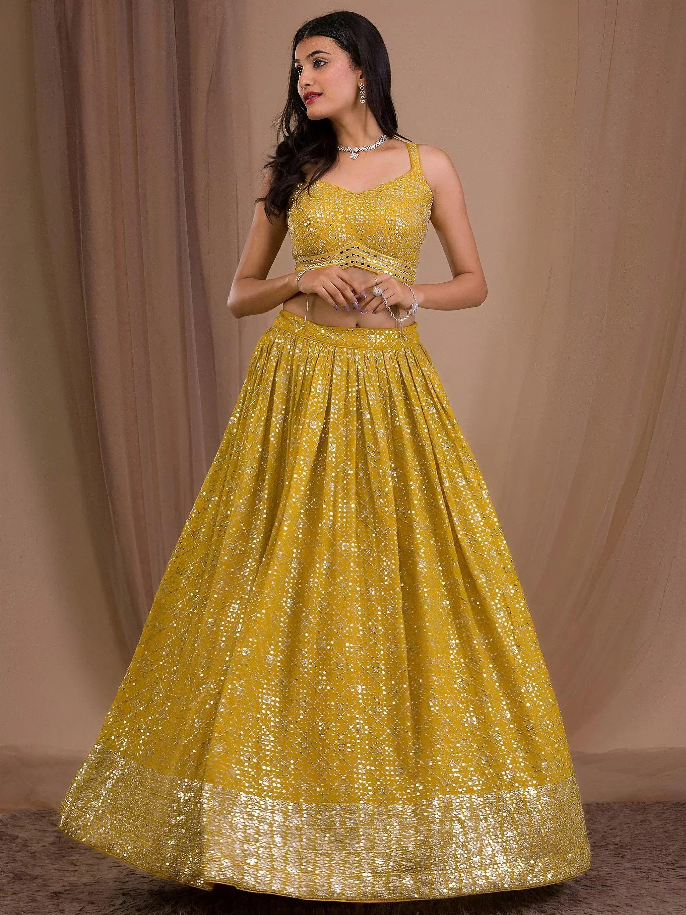 Tulsi Art Fascinating Yellow Sequins Georgette Haldi Wear Lehenga Choli | Grocsy
